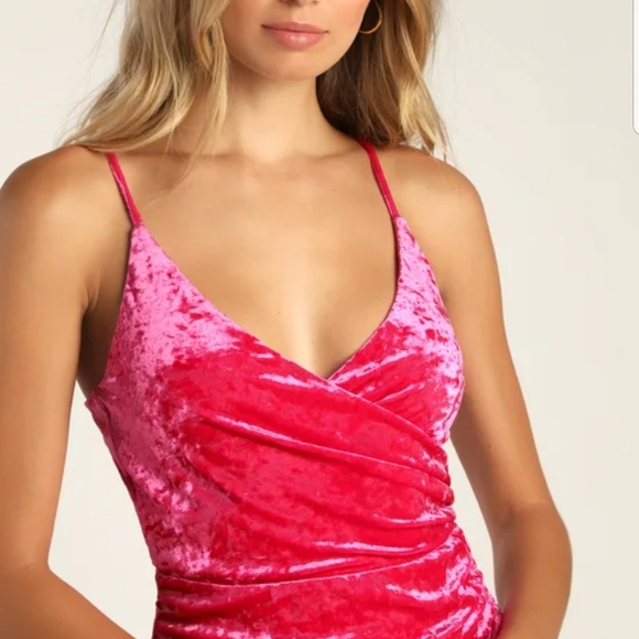 Lulu's HOT Pink Crushed Velvet Mini Dress - Picture 3 of 3